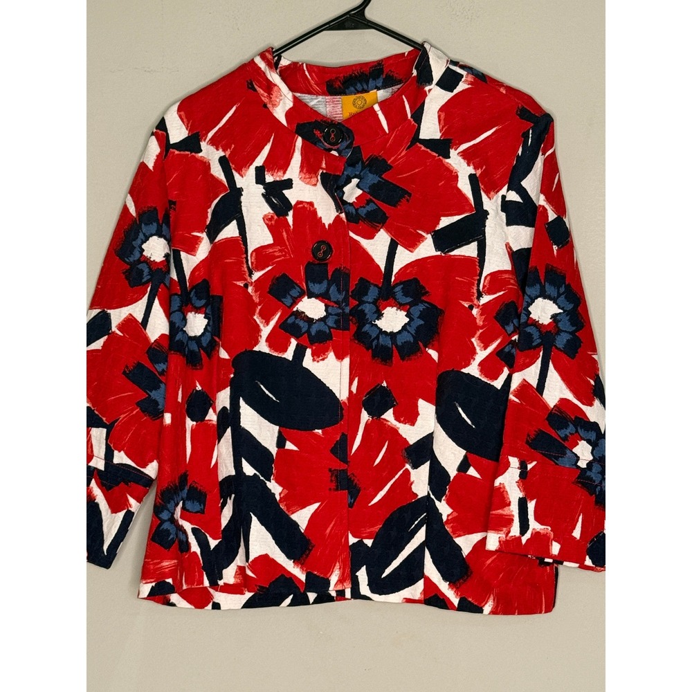 Ruby Rd Floral Print Button Down Jacket Red White… - image 2